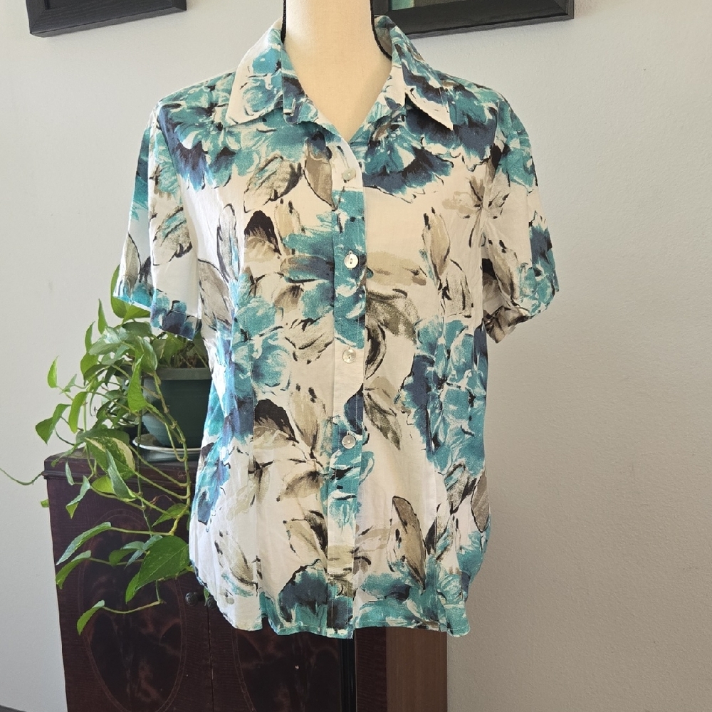 Chico's Teal and Black Floral Button-Down Shirt